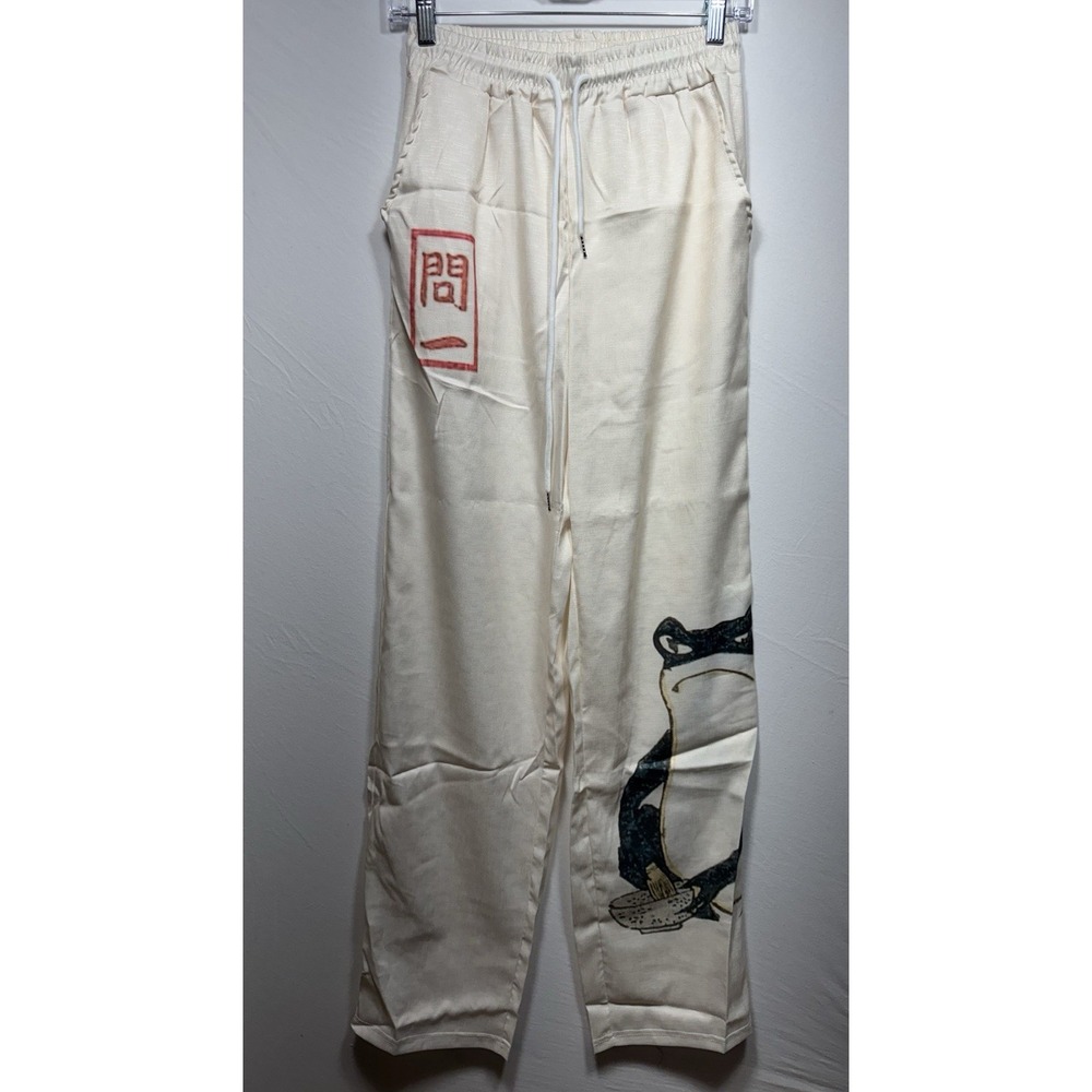 Japanese Streetwear Pants Frog Kanji Beige Wide Leg Drawstring Mens Size S